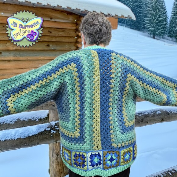 Handmade Oversize Crochet Cardigan Green Blue Warm Sweater, BOHO Granny Squares - Picture 4 of 15